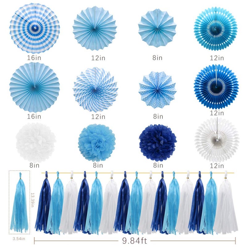 Meiduo Blue Party Decorations Hanging Paper Fans Pom Poms Flowers Tissue Tassel Garland for Elephant Shark Theme Kids Birthday Baby Shower Graduation - Image 2
